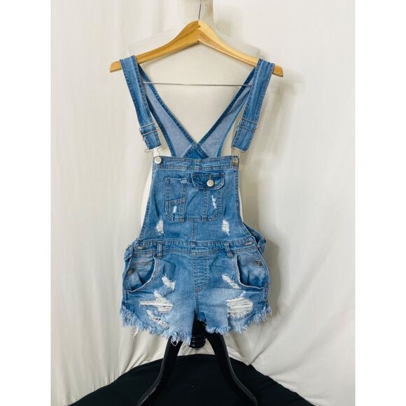Rue21 Women's Denim Overall Cut Off Shorts Blue Distressed Size 2 - Picture 2 of 9